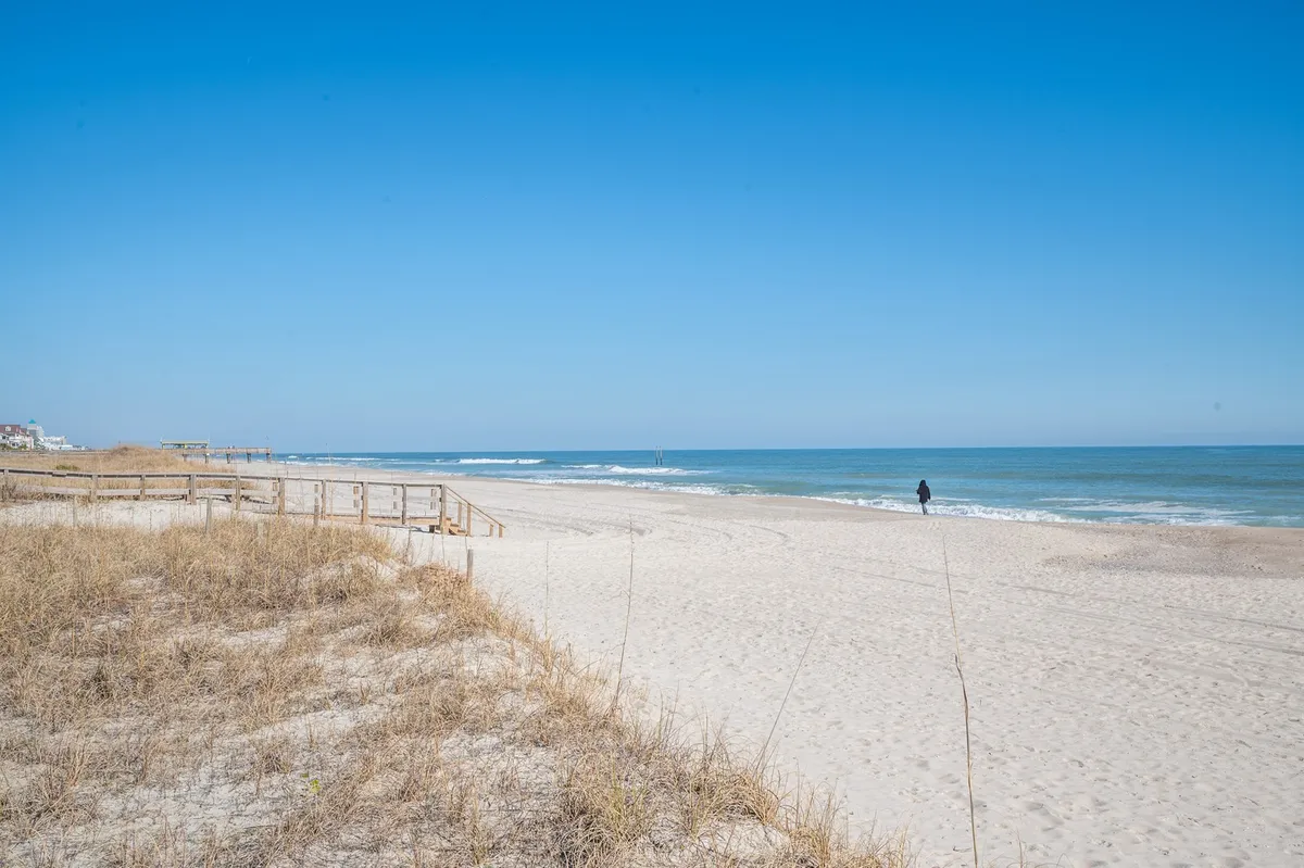 An exterior view captures a scenic stretch of beach with gentle dune grass, a boardwalk, and a solitary figure strolling along the shore. The scene is tranquil, evoking the joys of beachcombing, collecting seashells, and playful exploration under open skies.